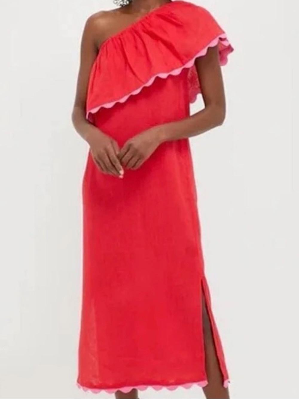 Tuckernuck Hibiscus Red Linen Amalfi One-Shoulder Ruffle Midi Dress Size Small